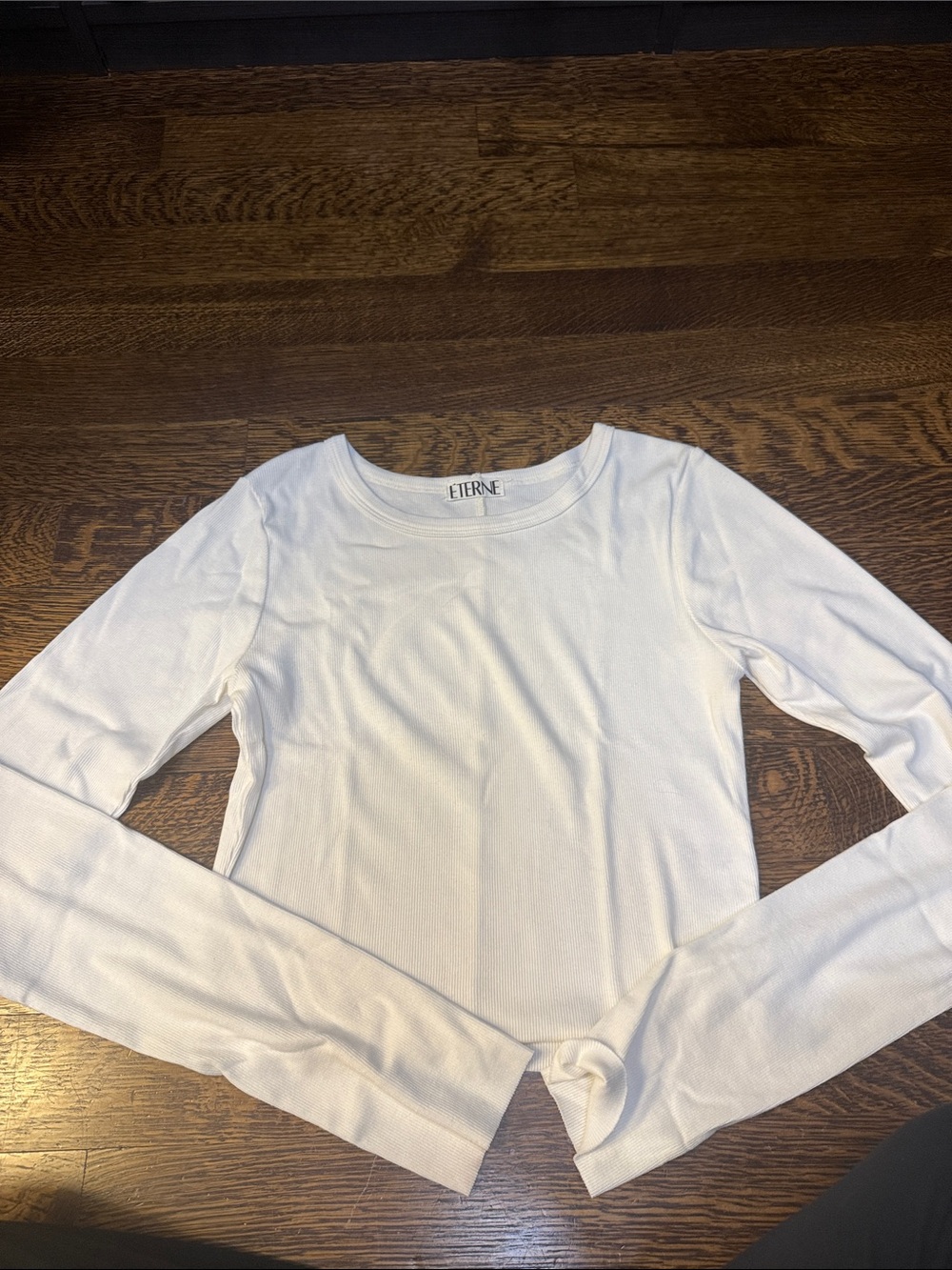 ETERNE White Ribbed Long Sleeve Top Size Large Fitted Stretch